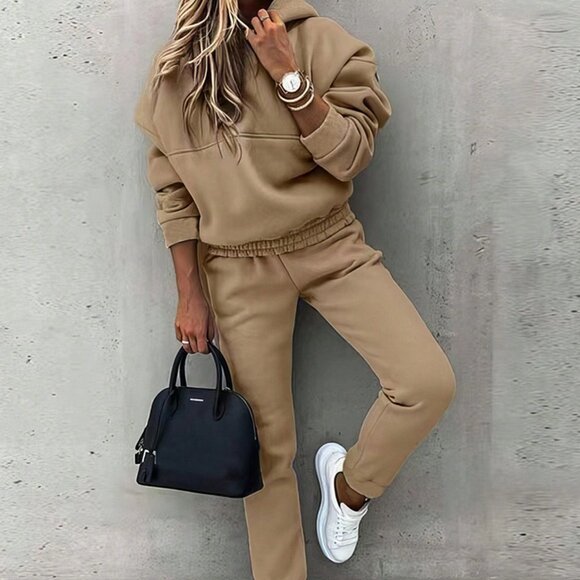 Pants - Khaki Casual Women's Drop Shoulder Hoodie & Sweatpants set coord set